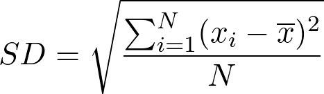 SD = sqrt{dfrac{sum_{i=1}^{N}(x_i - overline{x})^2}{N}}
